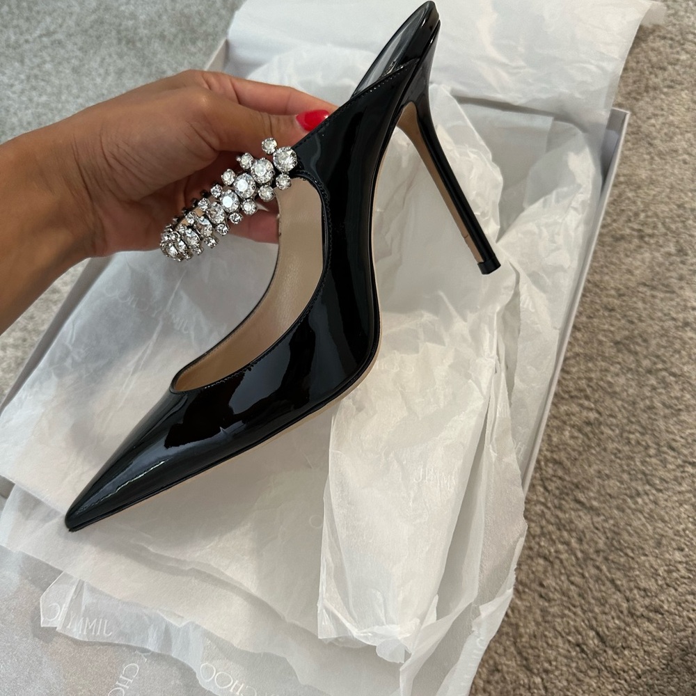 Jimmy Choo Black Patent Heels with Crystal Strap - Picture 2 of 4